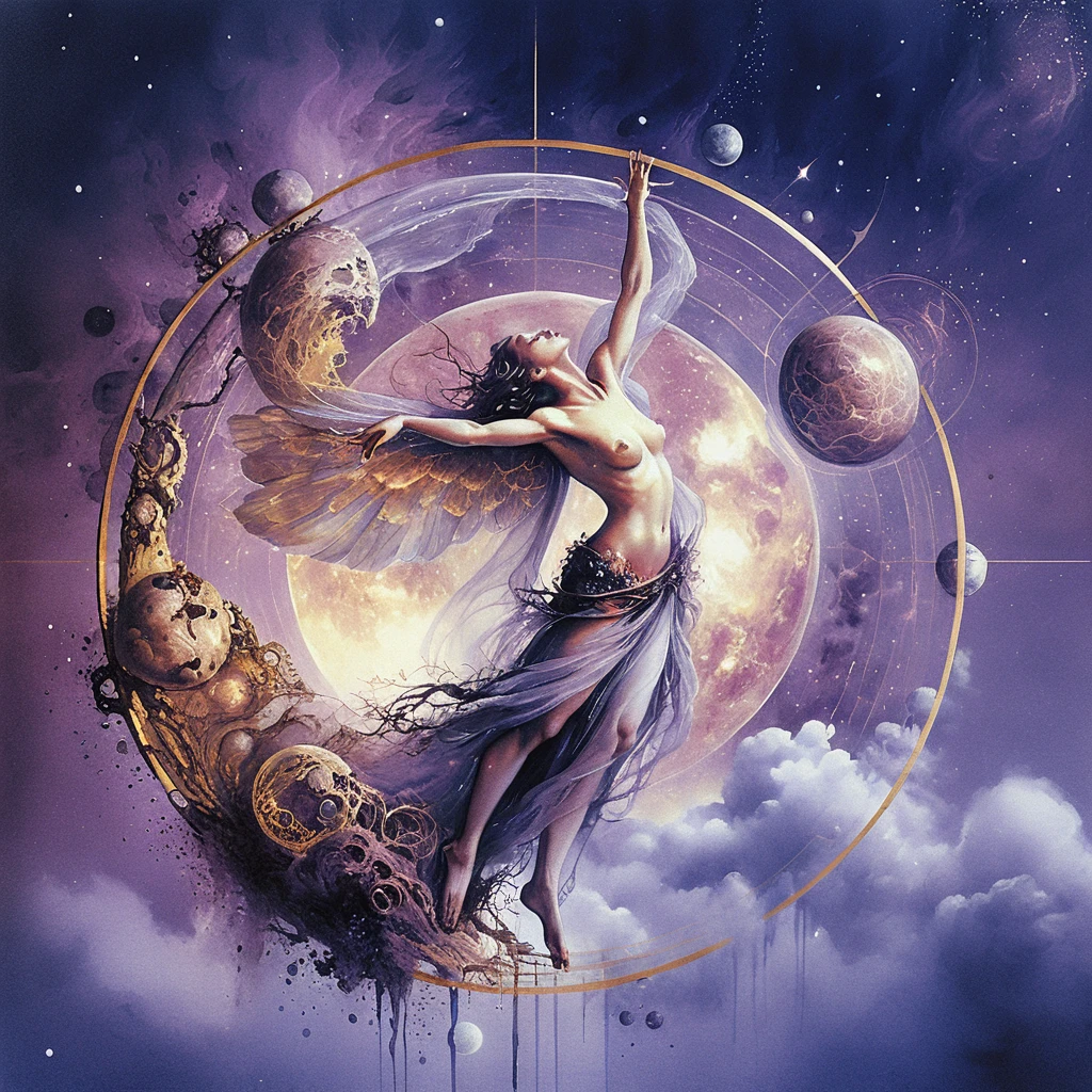 Ethereal angelic woman within celestial geometric circle