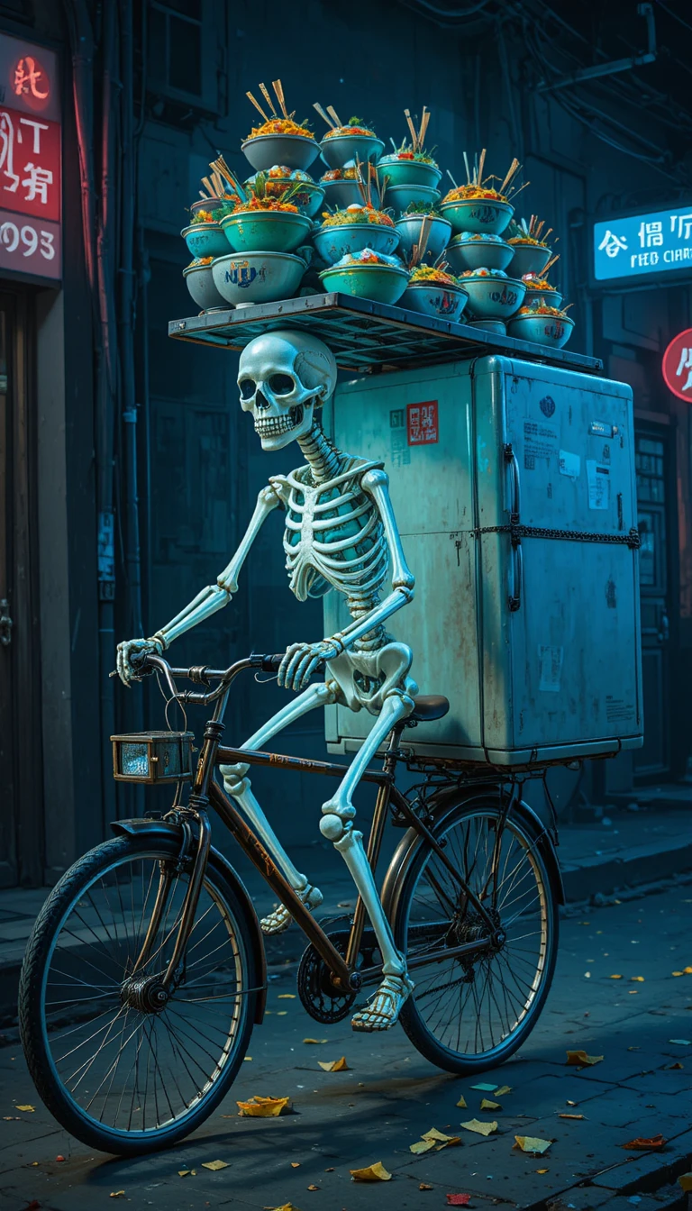 Glowing skeleton riding a bicycle with stacked ramen bowls
