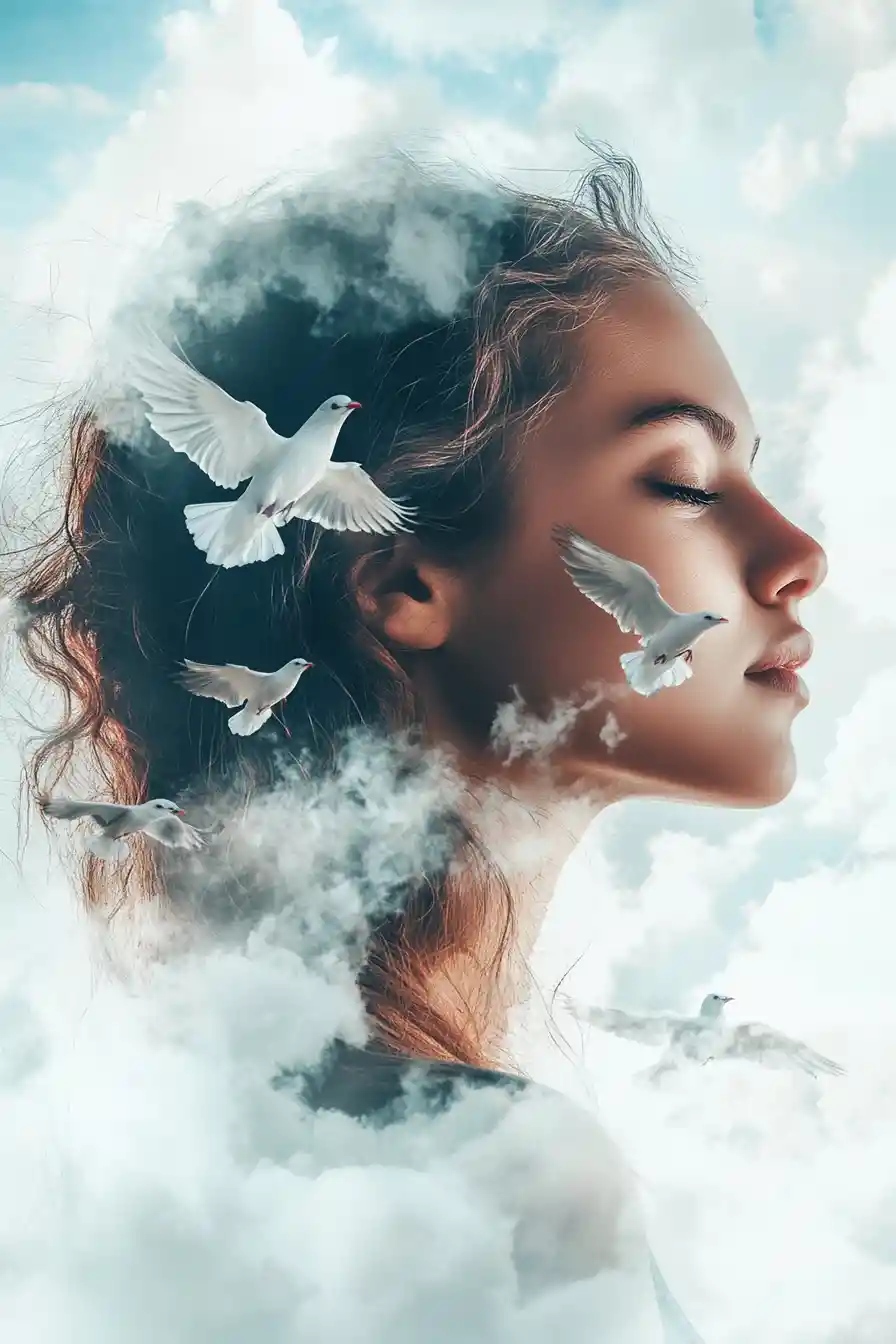 Profil surréaliste d’une jeune femme se dissolvant dans les nuages