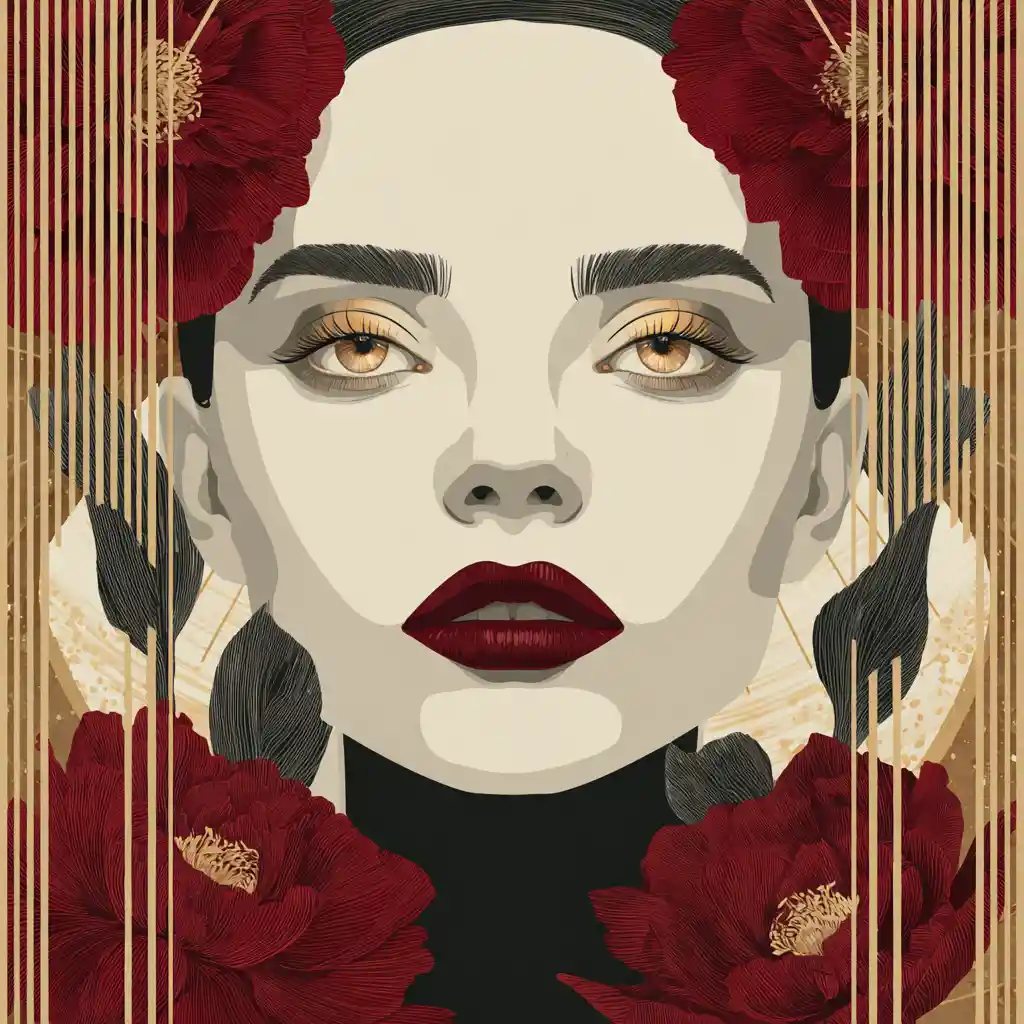High contrast vector portrait of a woman with floral frame