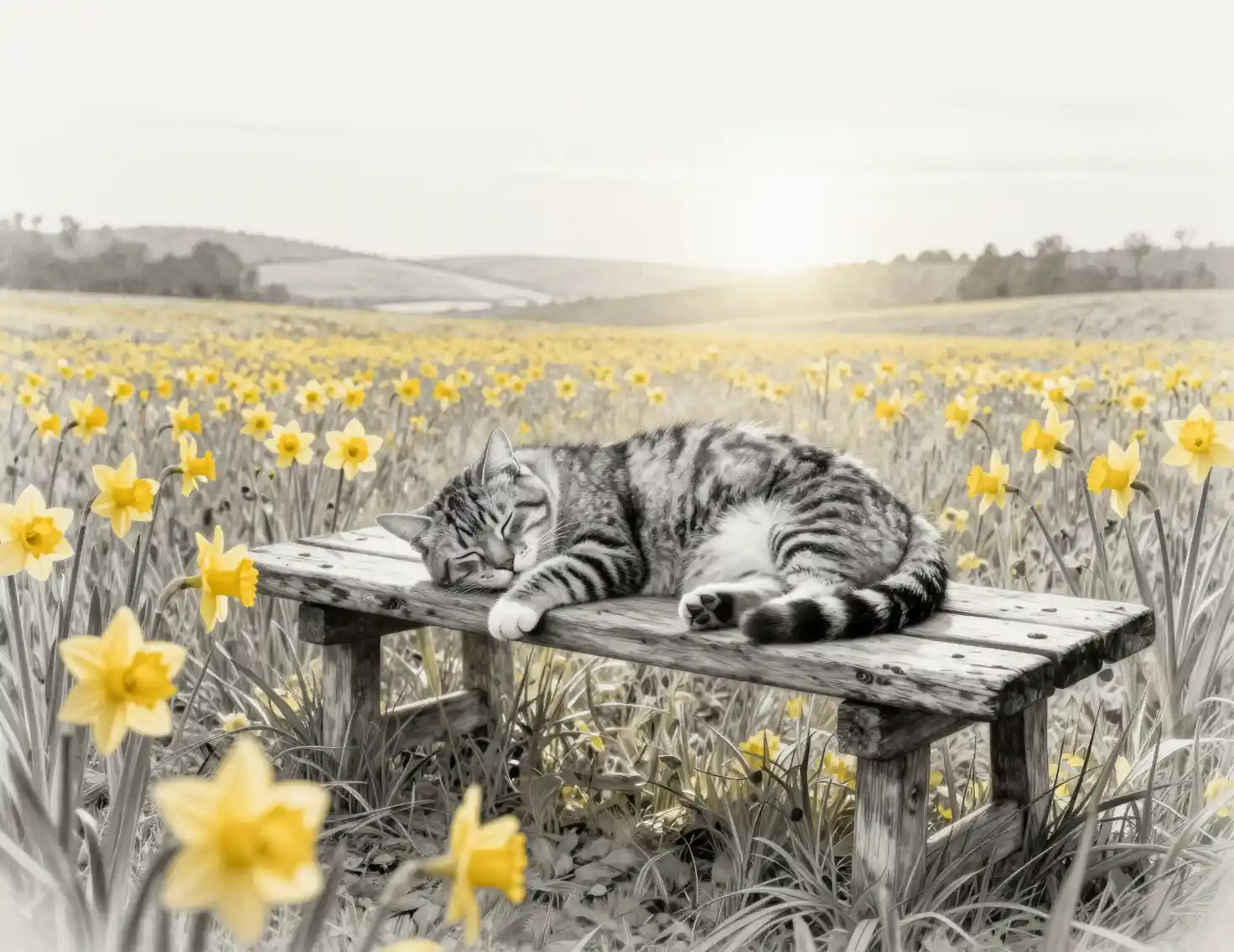 Sleeping tabby cat on a wooden bench in a meadow