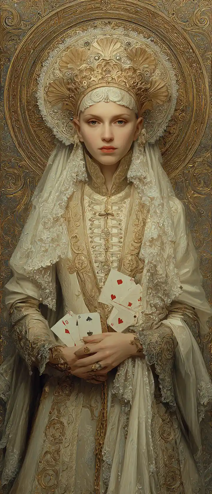 Medieval queen portrait in ornate rococo palace interior
