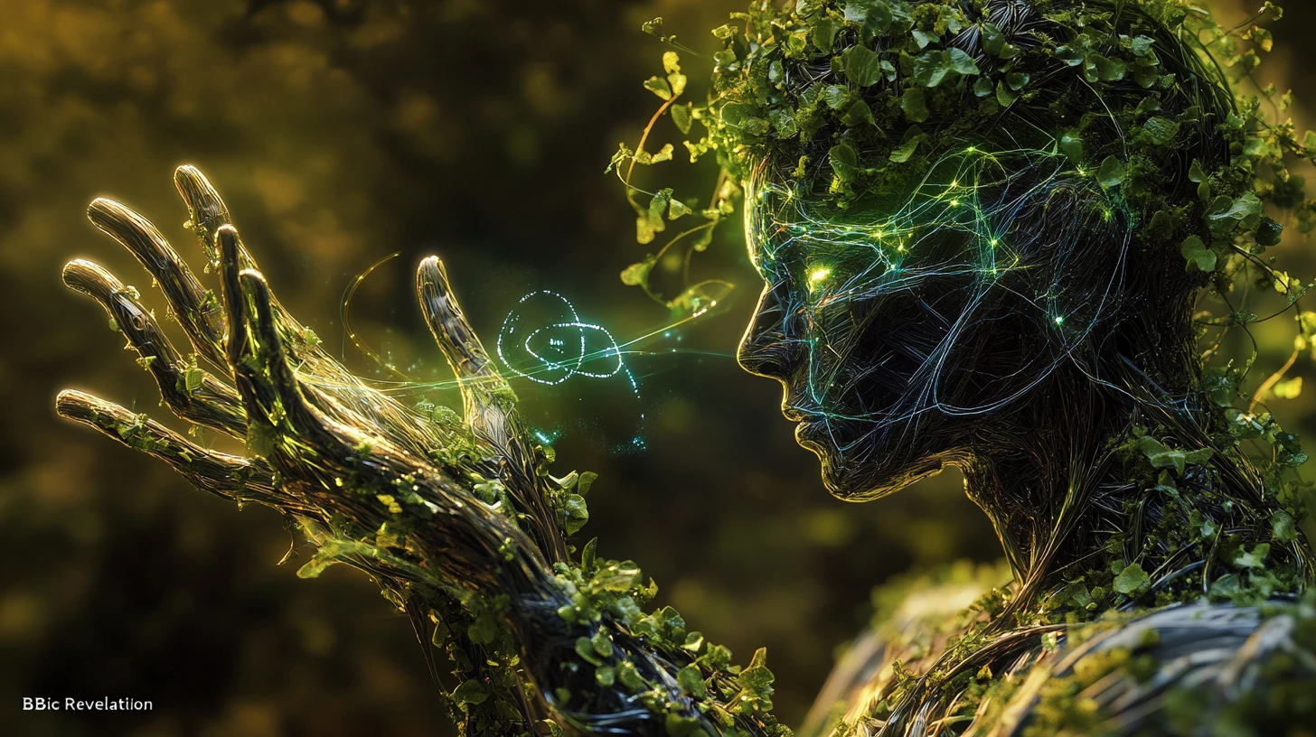 Öko-Tech-Humanoidwächter mit leuchtenden Energielinien
