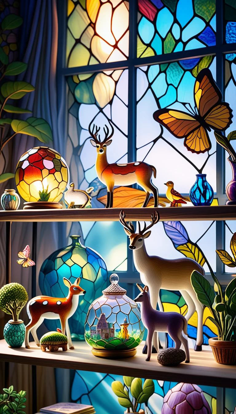 Delicate glass animals glowing on a cozy sunlit shelf