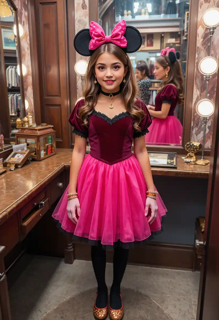 Ragazzo preadolescente in abito rosa stile Minnie alla toilette
