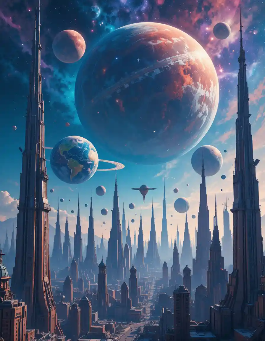 Futuristische Stadtsilhouette unter farbenprächtigem Himmelszelt