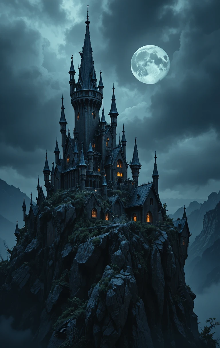 Tenebroso Castillo Esquelético en el Acantilado Bajo la Luna Llena