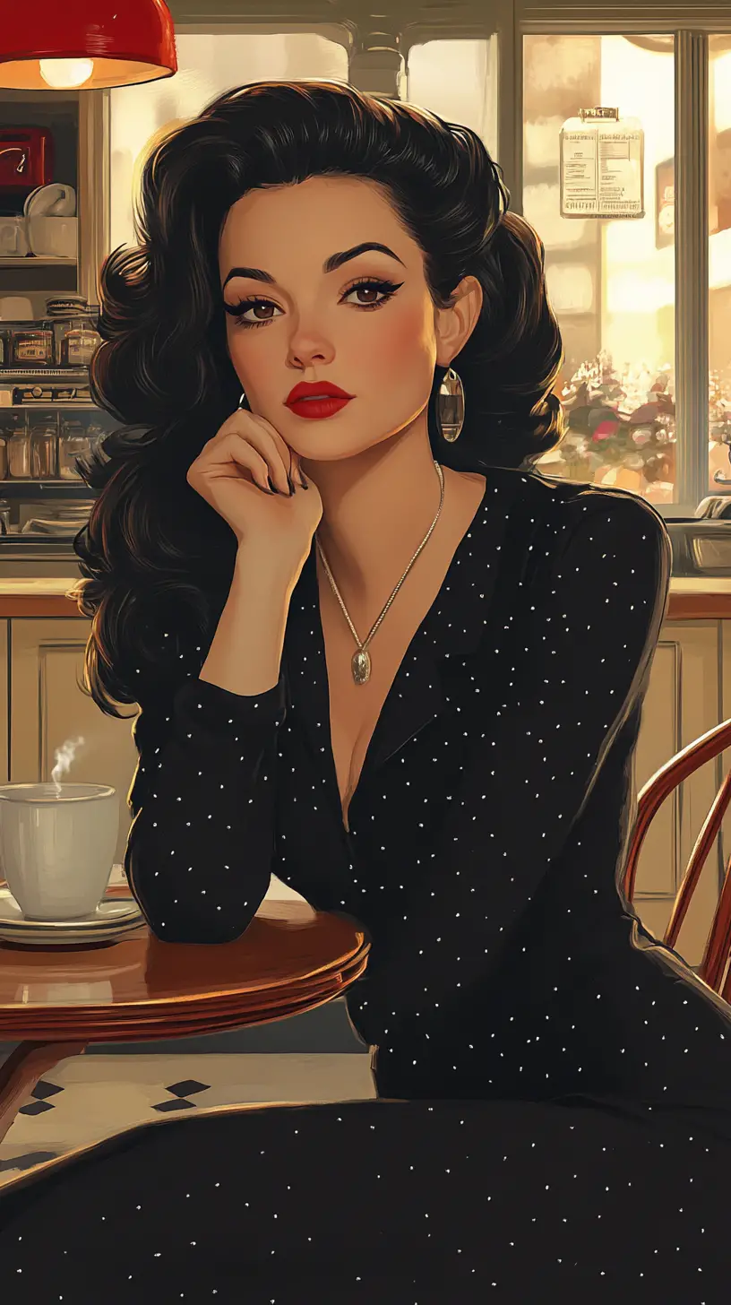 Thoughtful vintage woman in a retro kitchen interior