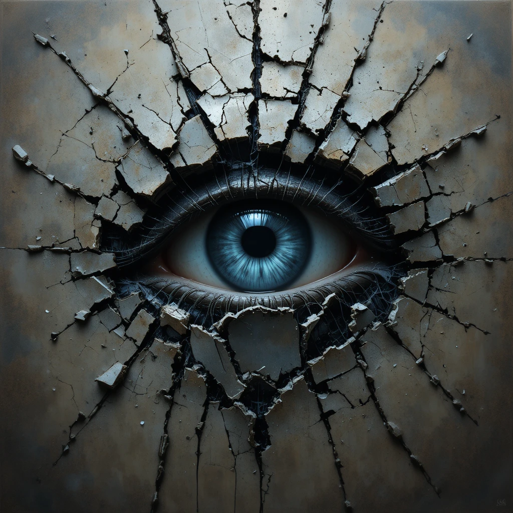 Rissiges blau-graues Auge im unheimlichen abstrakten Digitaldesign