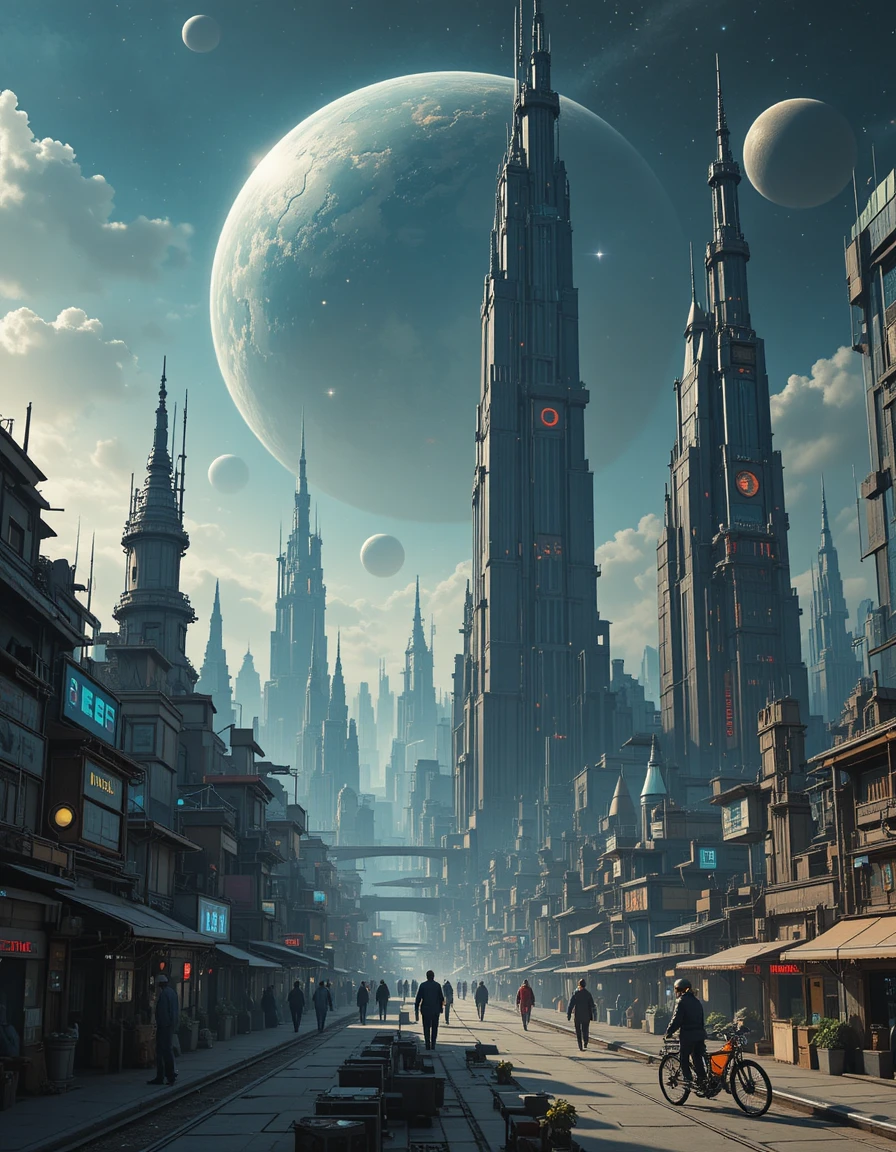 Skyline di città futuristica con imponenti grattacieli e pianeti