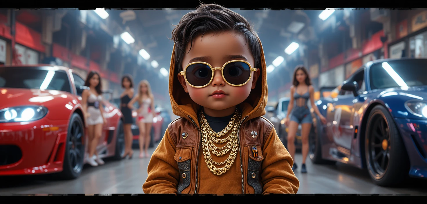 Baby boy in West Coast rapper outfit studio portrait