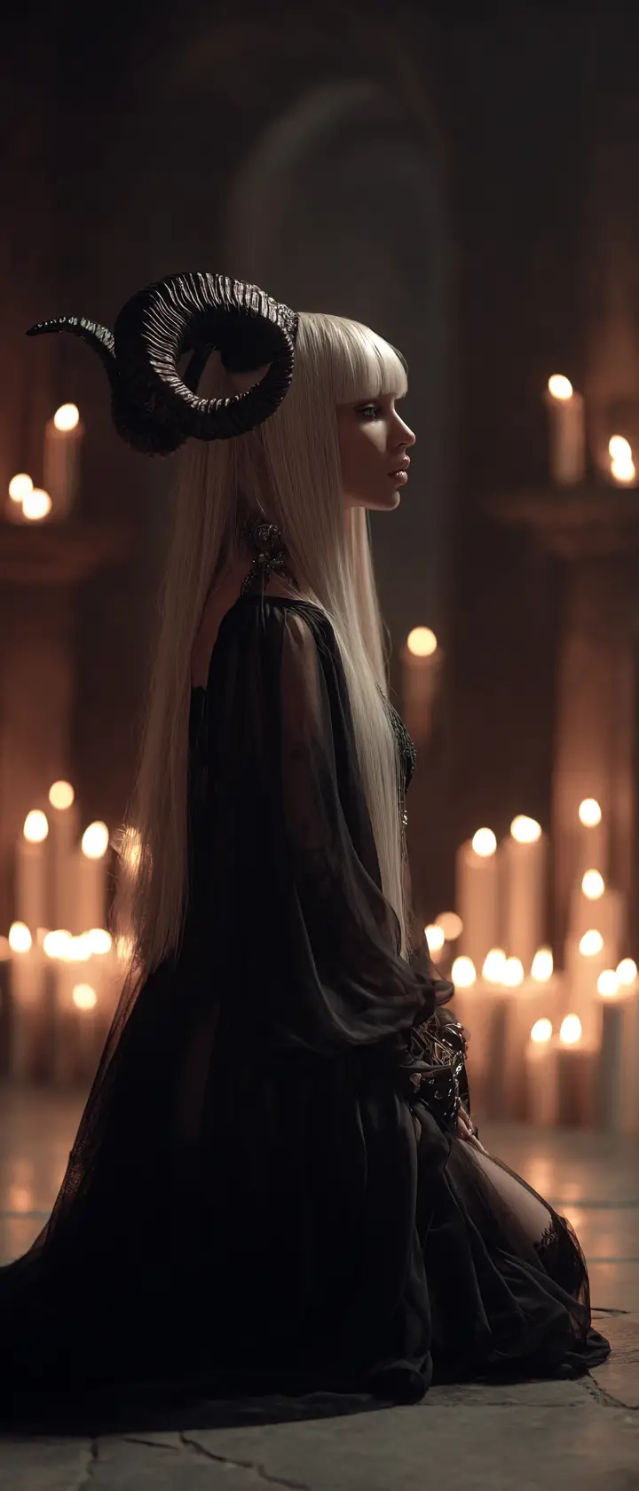 Horned gothic woman kneeling by flickering candlelight