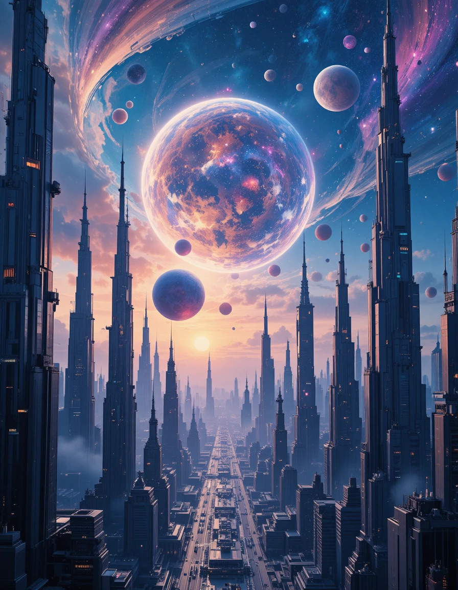 Skyline di città futuristica sotto colorati pianeti celesti
