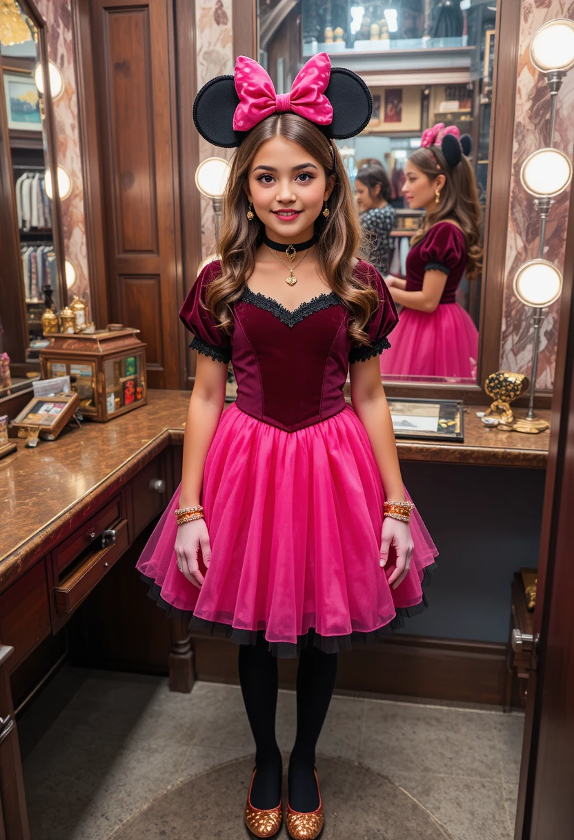 Ragazzo preadolescente in abito rosa stile Minnie alla toilette