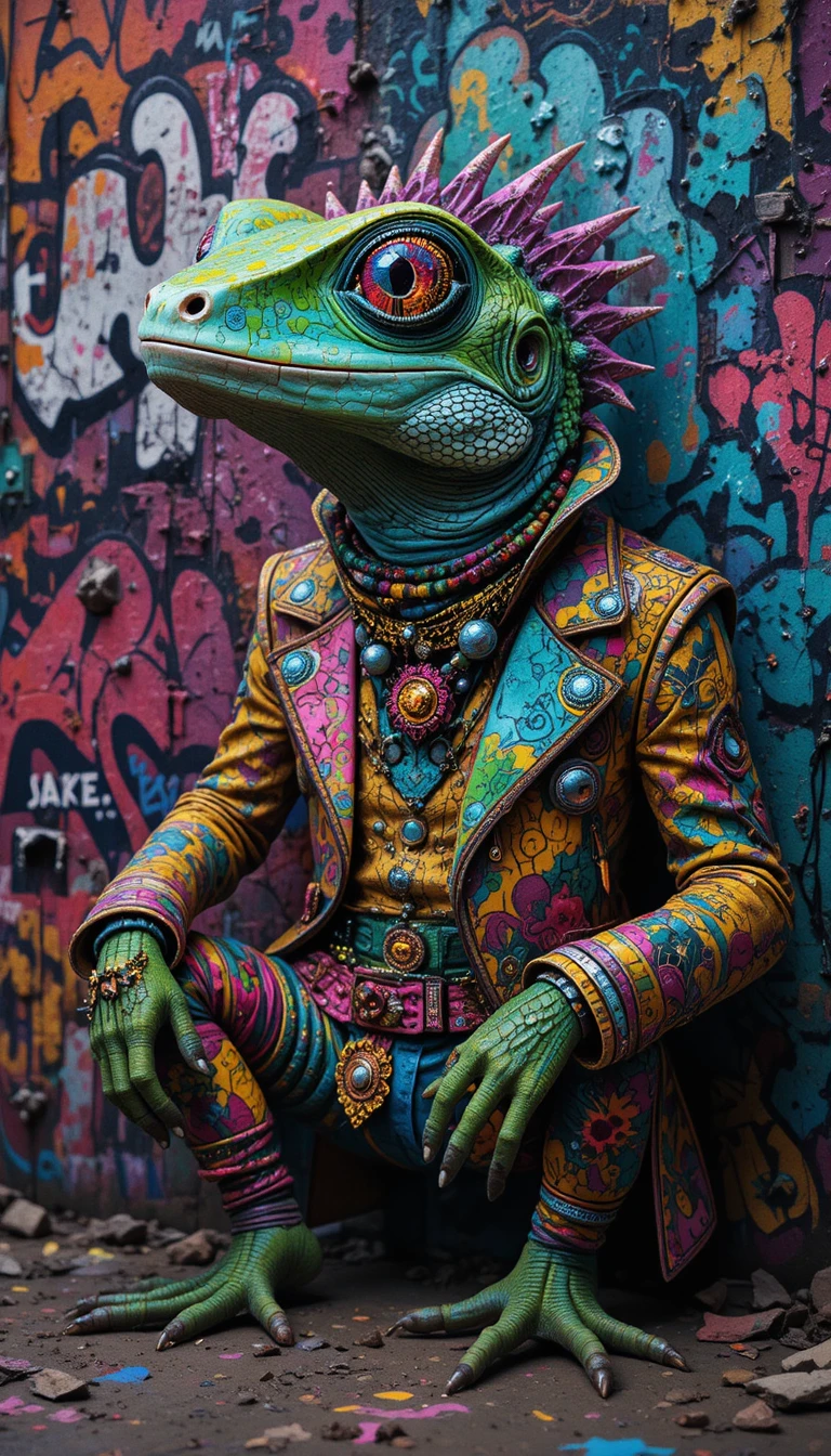 Colorful lizard character posing against a gritty graffiti wall