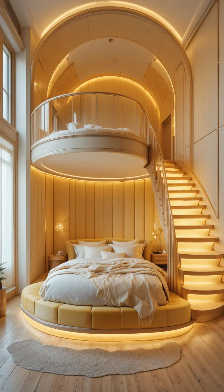 Helles Maisonette-Schlafzimmer mit Rundbett und leuchtender Treppe