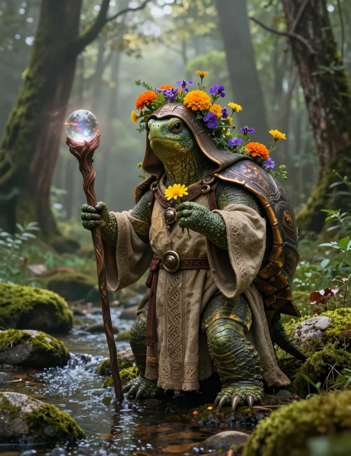 Mystischer Schildkrötenzauberer an einem nebligen Waldbach