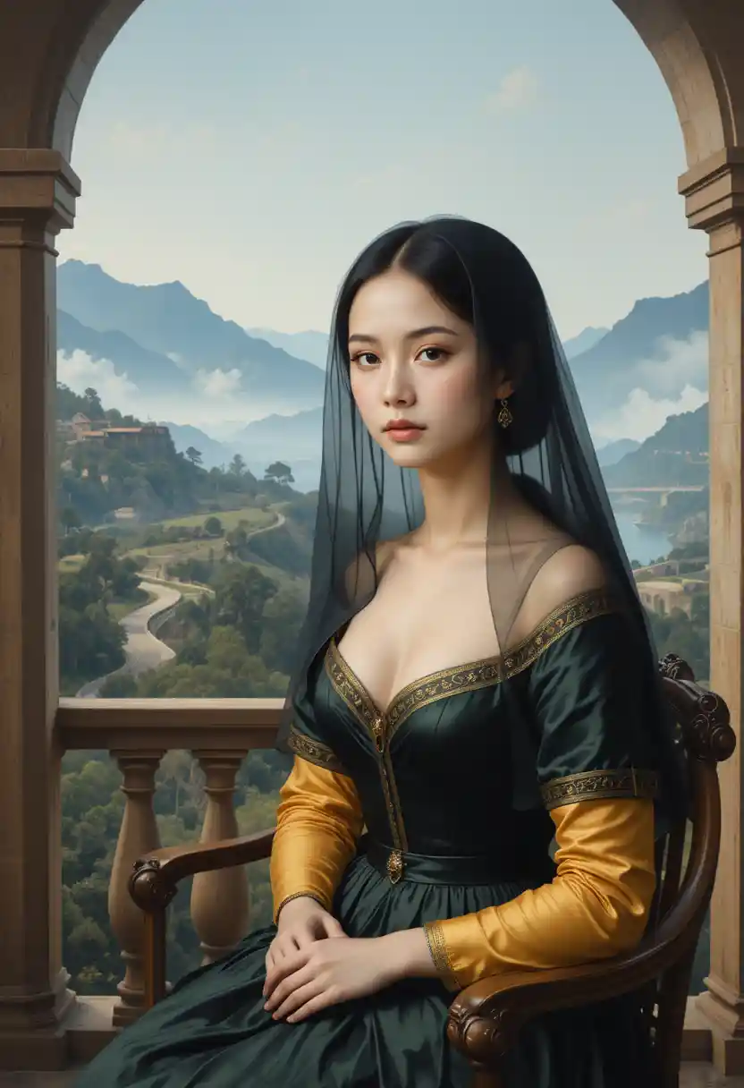 Young woman portrait before distant misty mountain landscape