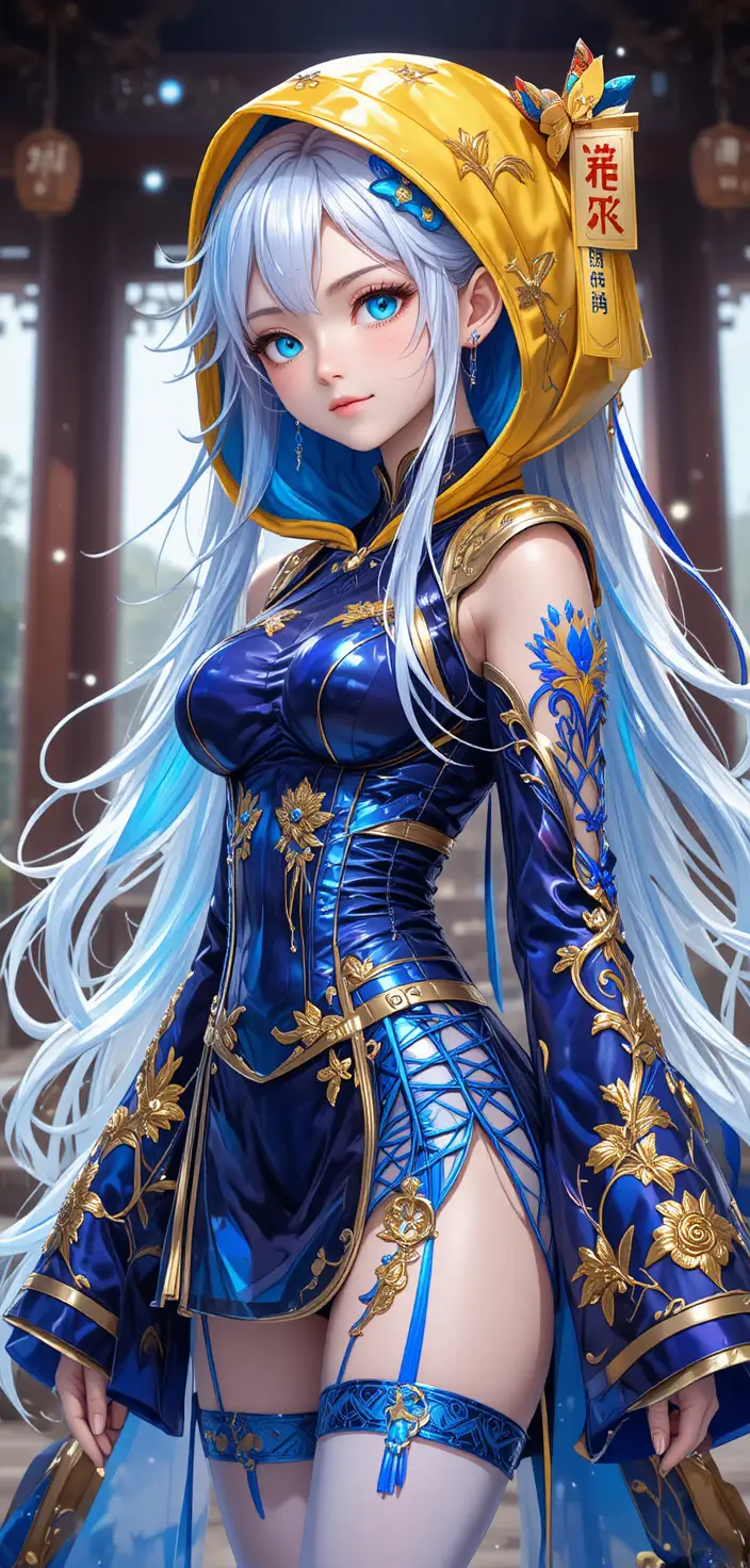 Anime girl in jiangshi outfit with glowing cyan eyes