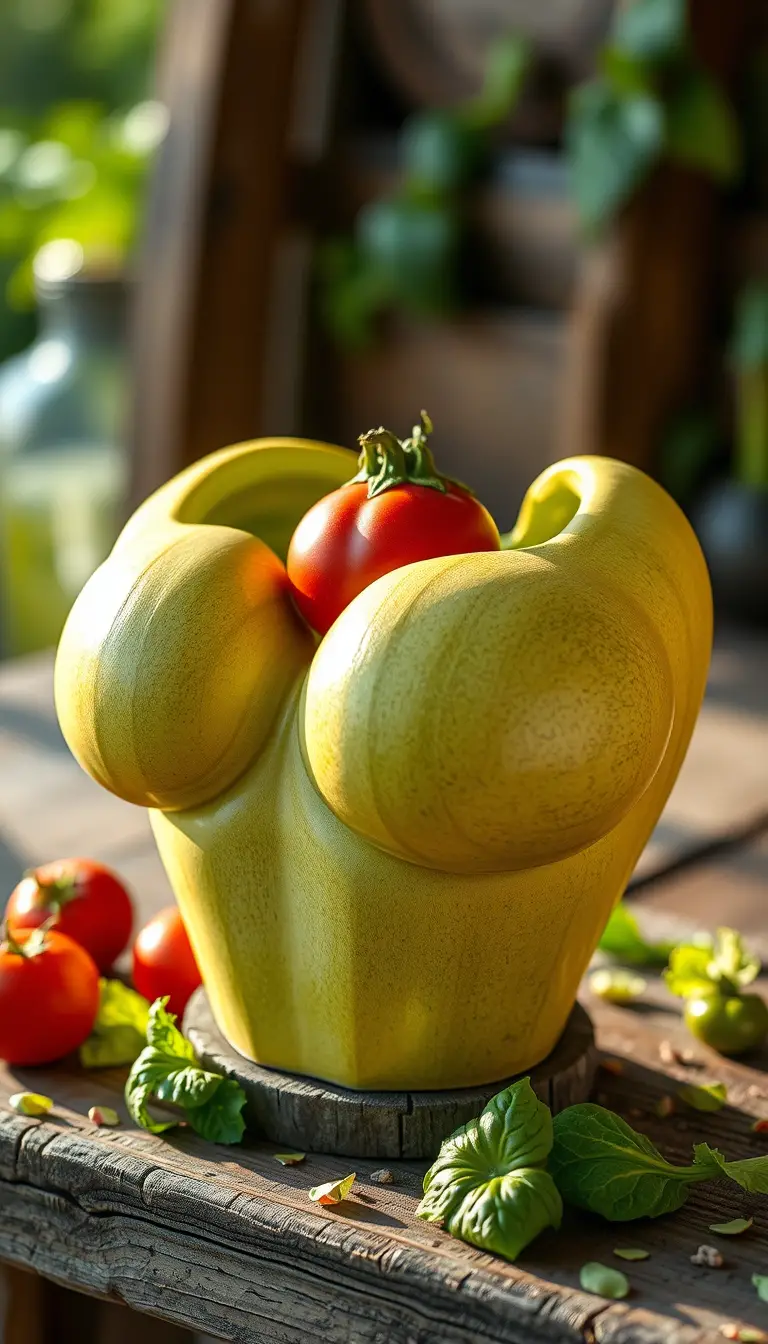 Surreal vegetable breast sculpture on rustic wooden workbench