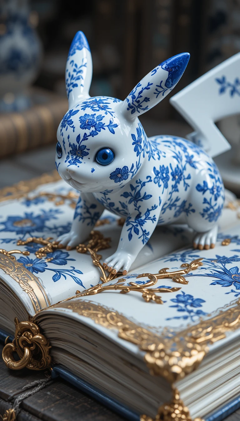 Porcelain figurine on ornate book in blue and gold