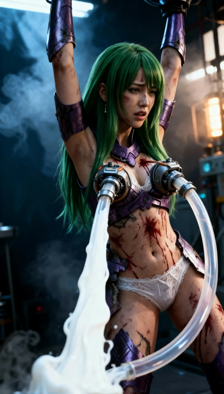 Dark fantasy heroine restrained in a villain laboratory