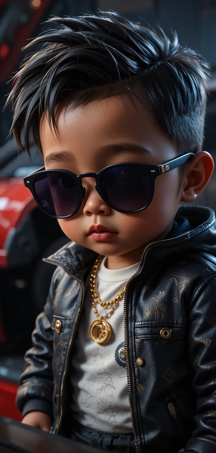 Bebé niño con gafas en atuendo de rapero retrato tipo caricatura