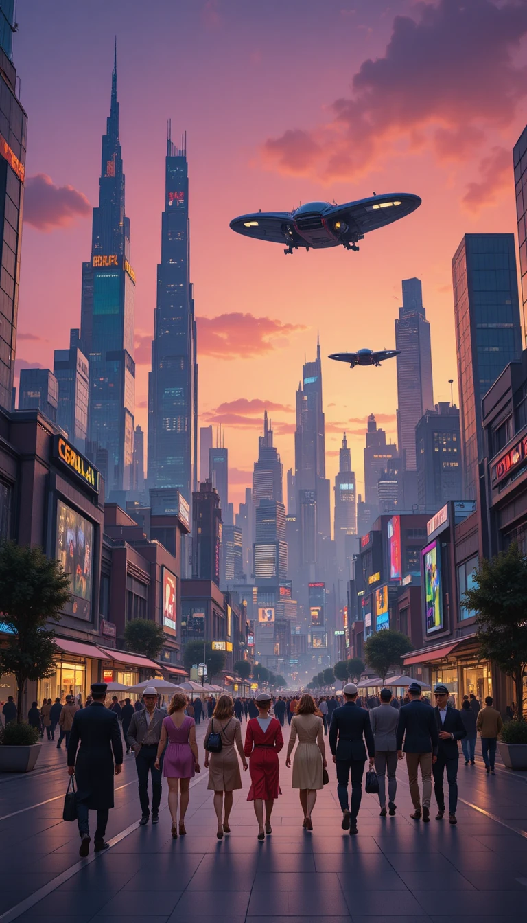Futuristic city with flying cars and vintage crowd