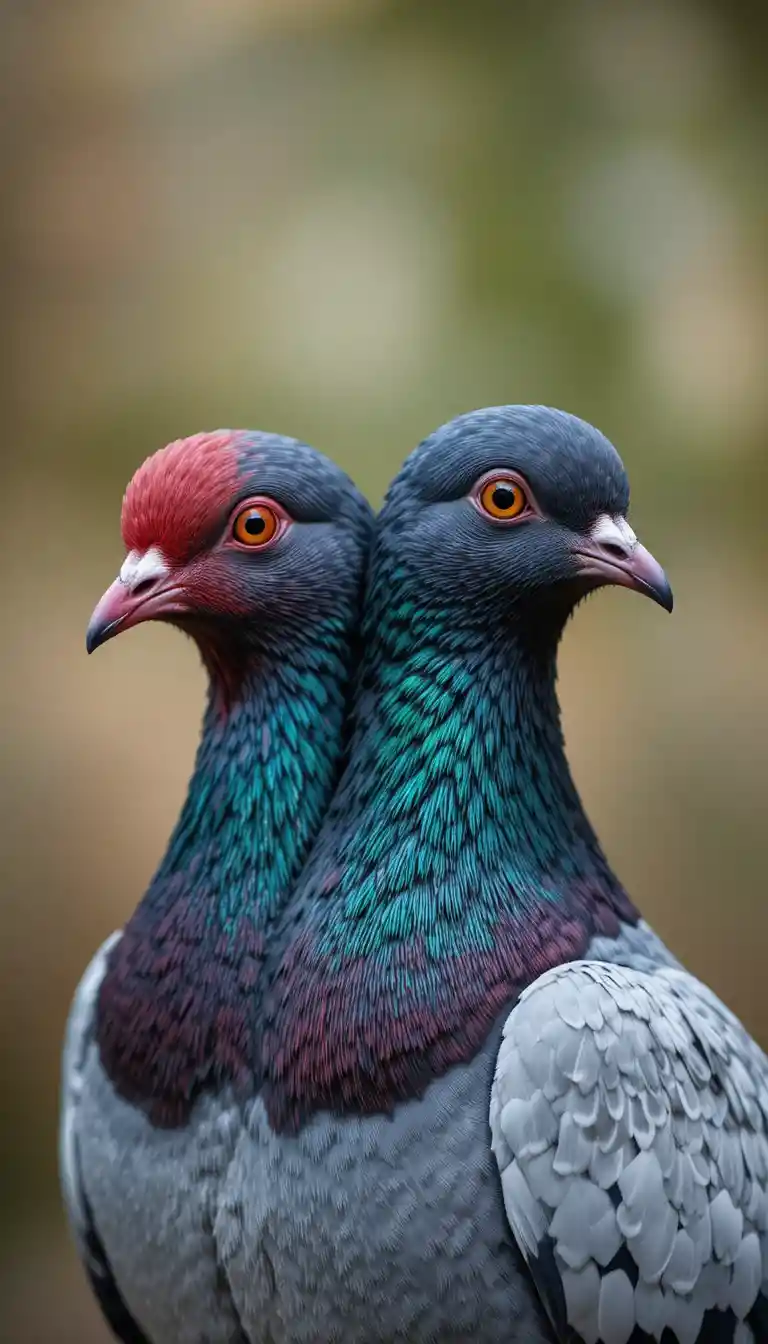 Two headed pigeon with one body and contrasting colored heads