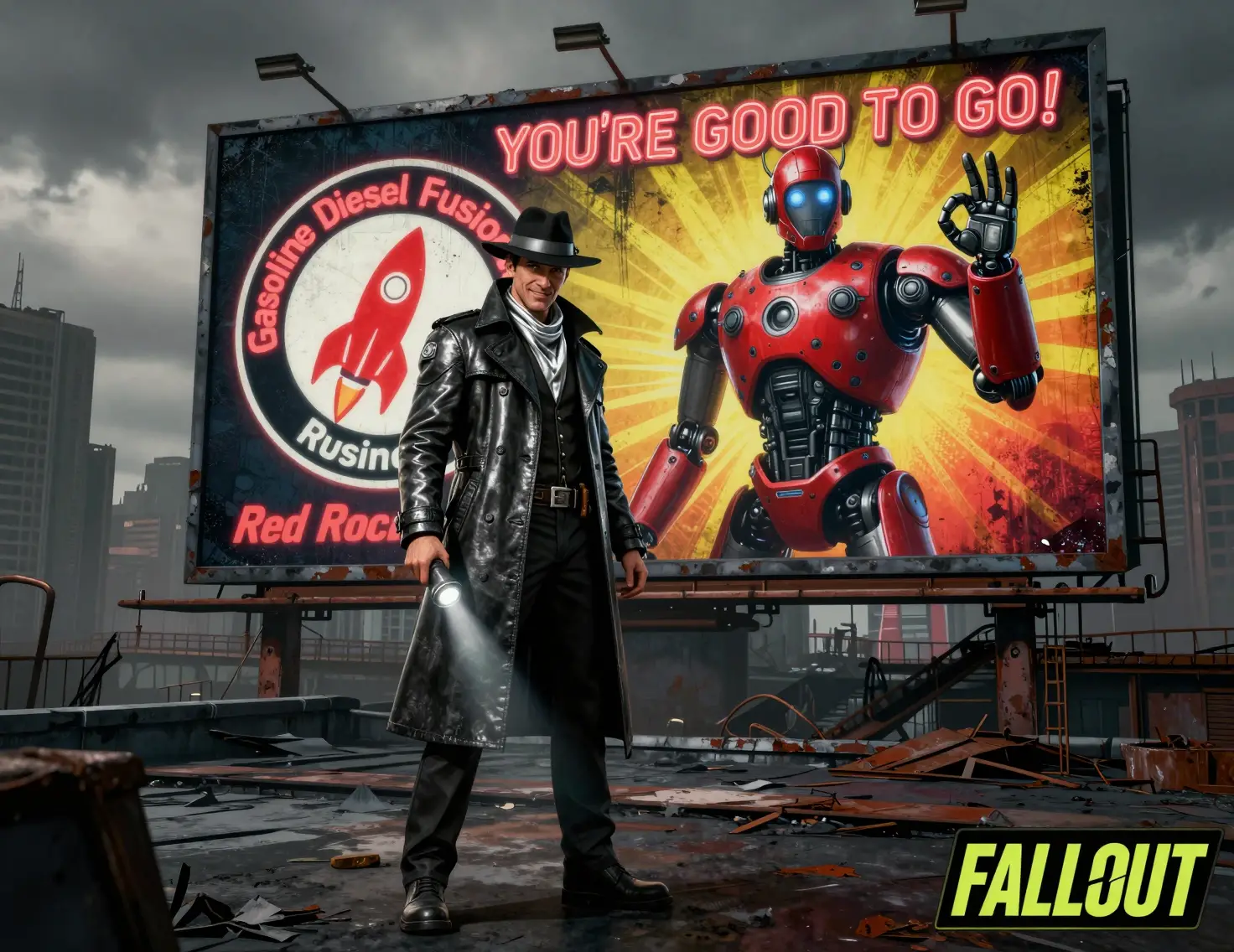 Sci fi detective on rooftop beside glowing robot billboard