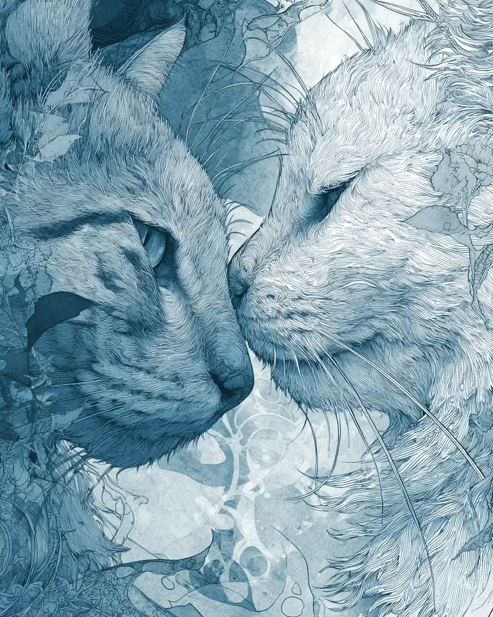 Two fantasy cats sharing a tender nose to nose kiss