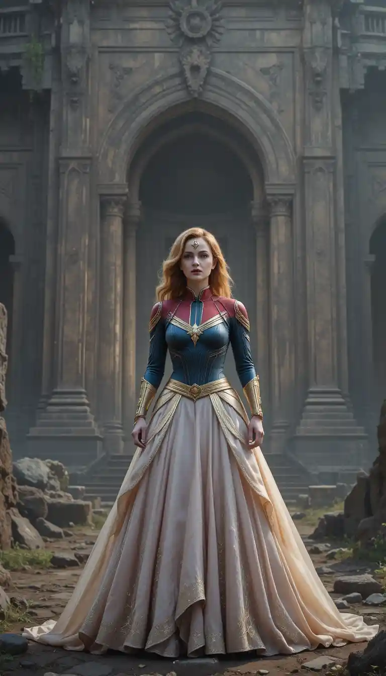 Elegant heroine in gown before an ancient mystical temple