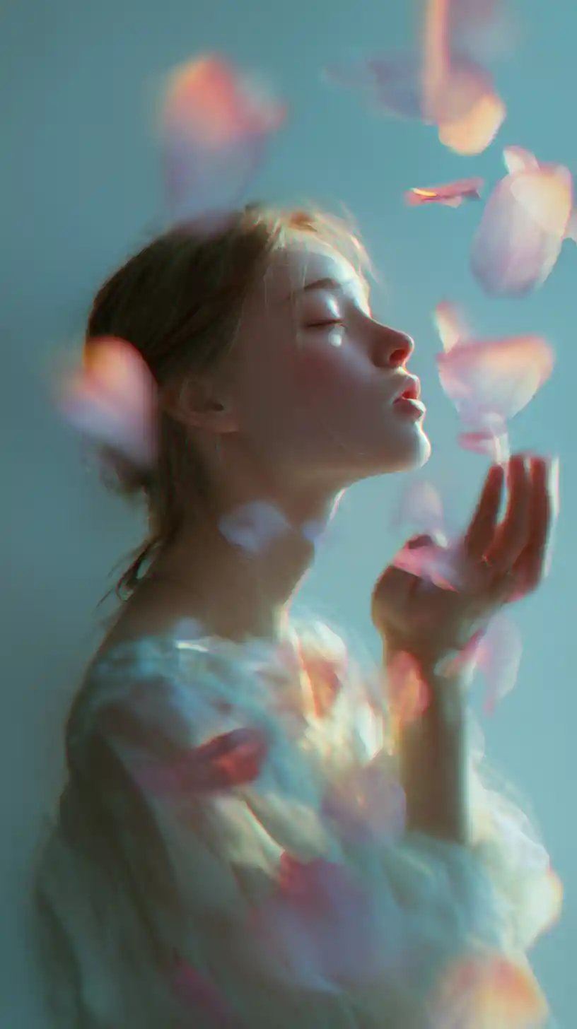 Girl blowing petals in soft dreamy illustration