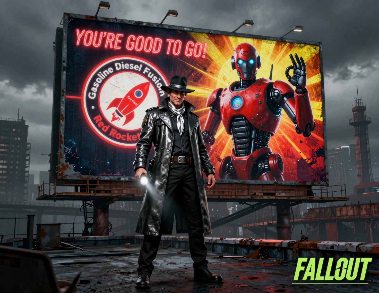 Sci fi detective on rooftop beside glowing fuel billboard