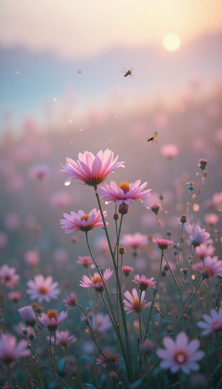 Tau­bedeckte rosa Wildblumen in der Dämmerung auf einer Wiese