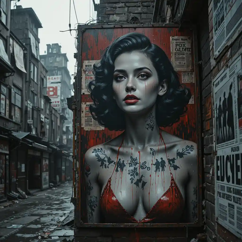 Noir woman billboard in a ruined dystopian city alley