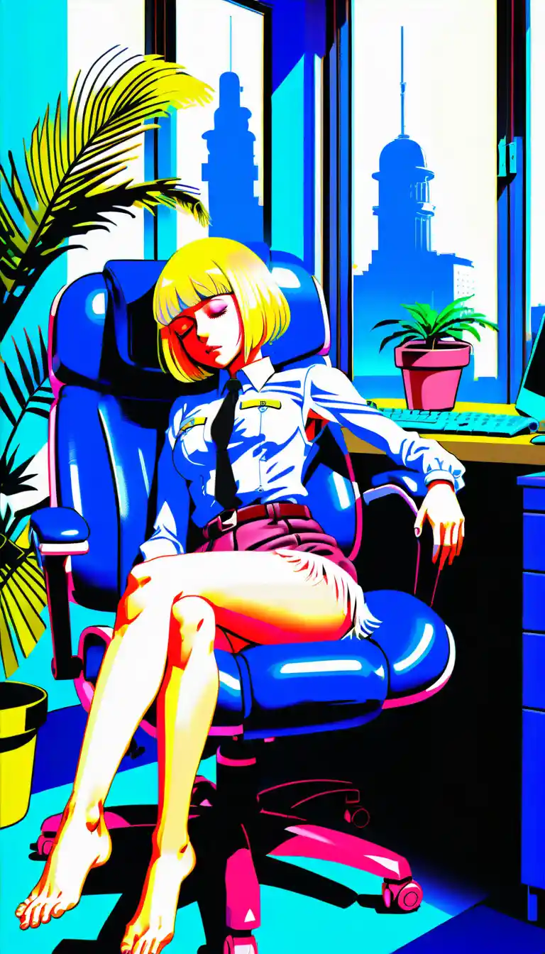 ヤシの木のそばでオフィスチェアに眠るアニメ少女