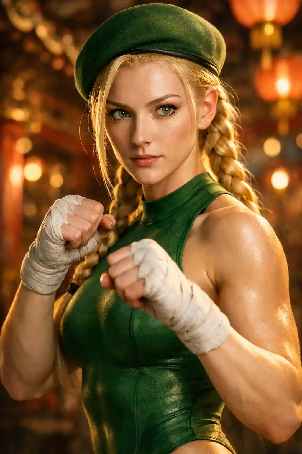 Athletic girl ready to strike in a temple setting