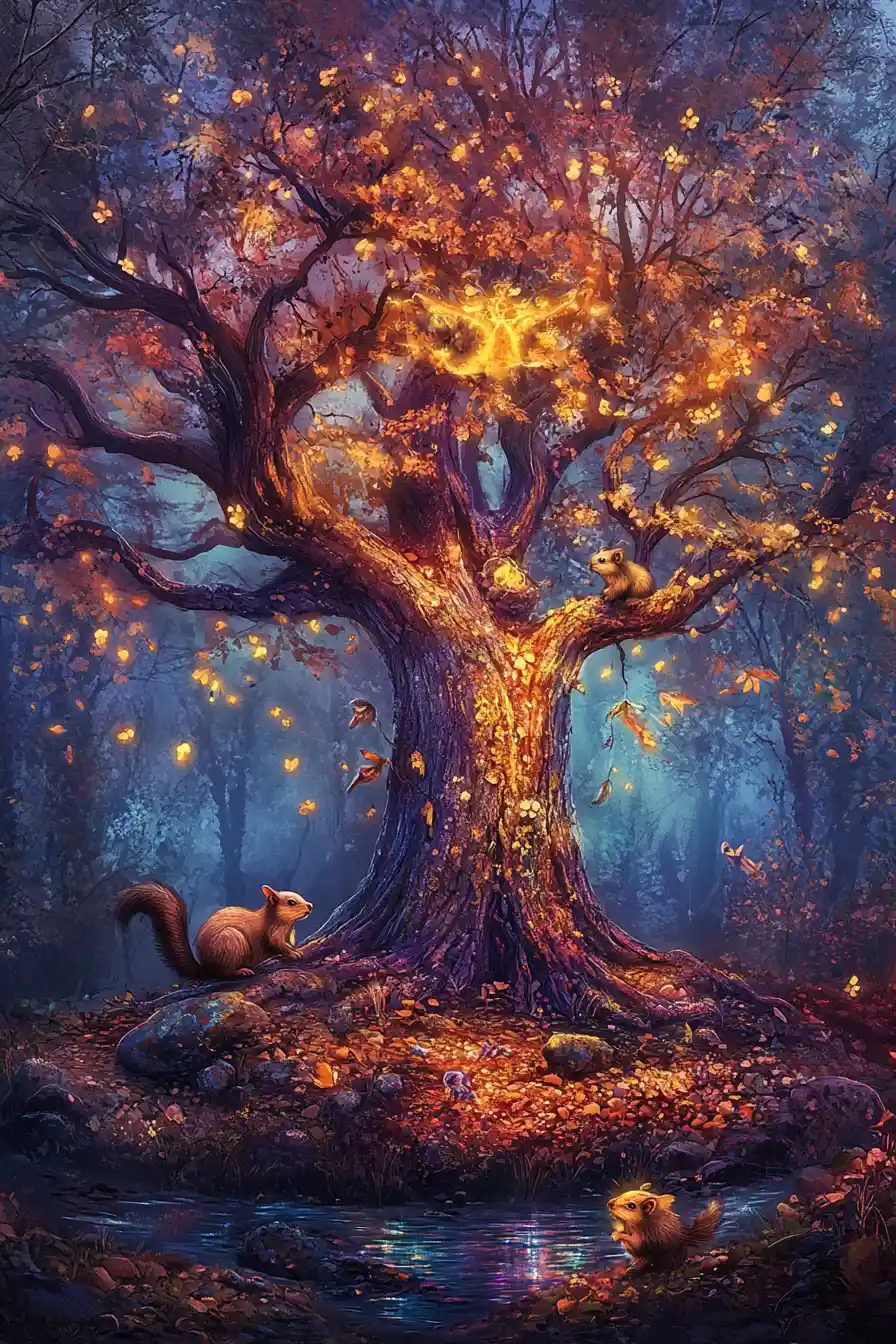 Magical oak tree in an enchanted autumn fantasy forest