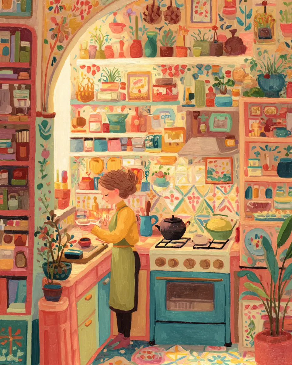 Cute girl in cozy folk art kitchen cooking scene
