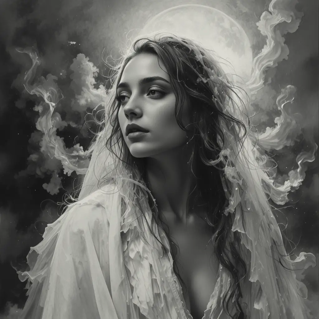 Unearthly close up face in flowing white robes
