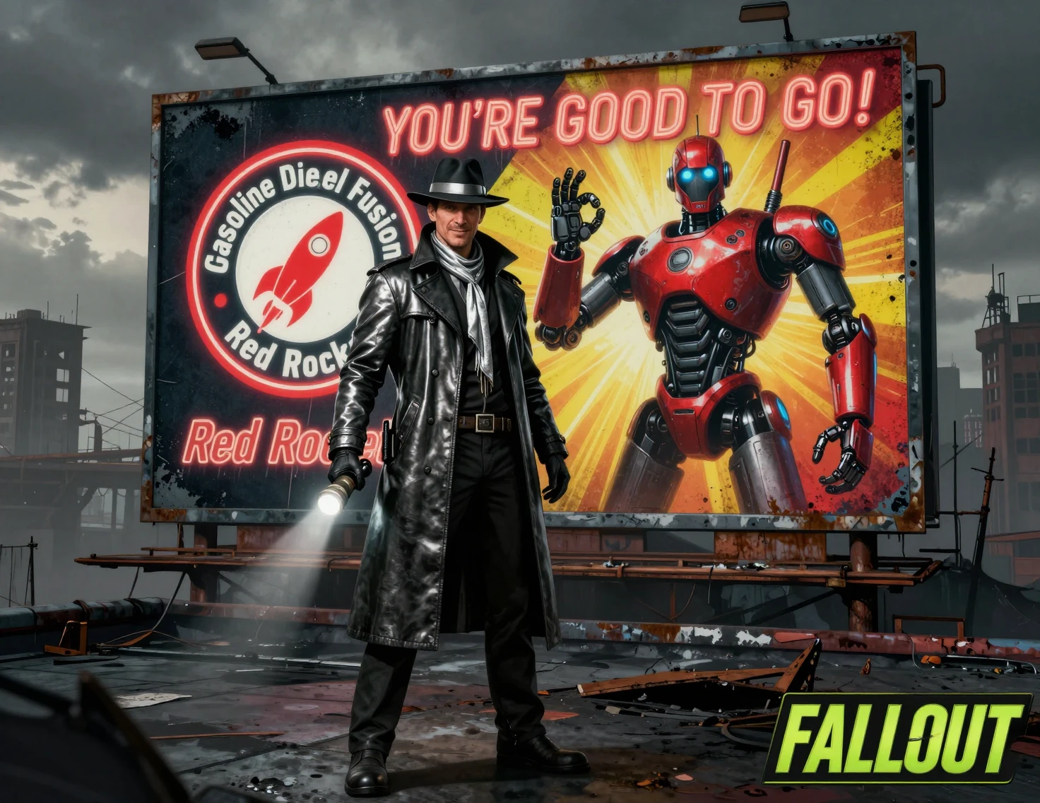 Sci fi detective on rooftop beside glowing robot billboard
