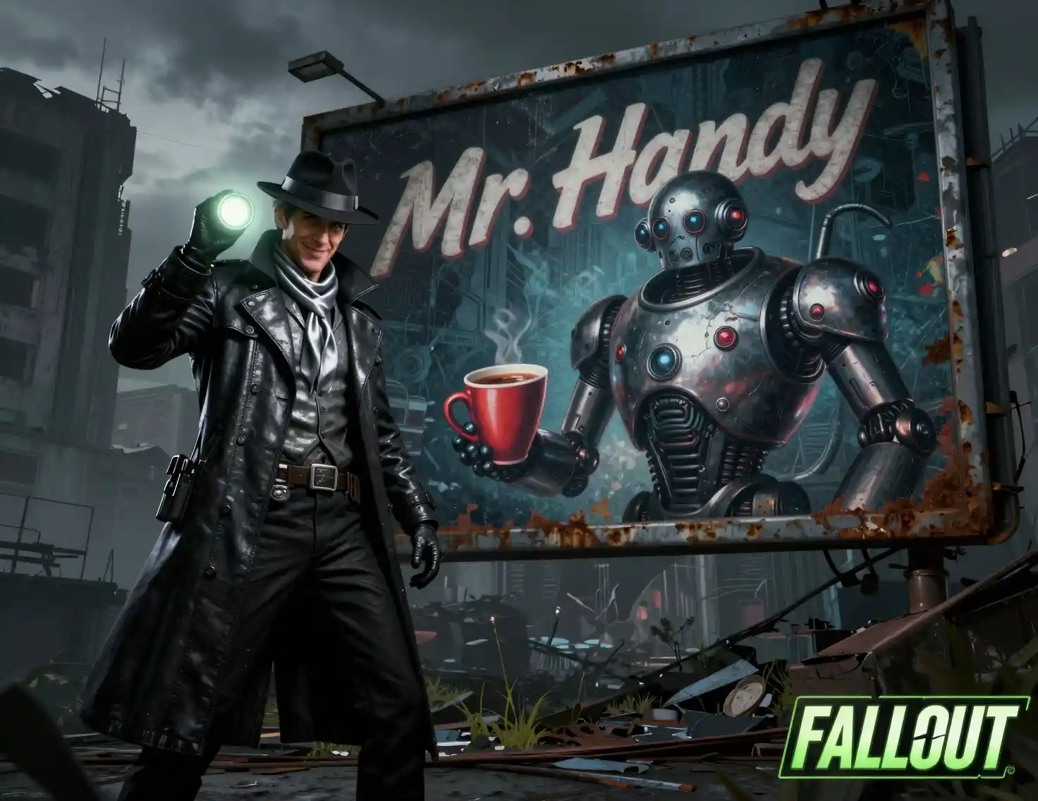 Sci fi detective with flashlight beside rusted robot billboard
