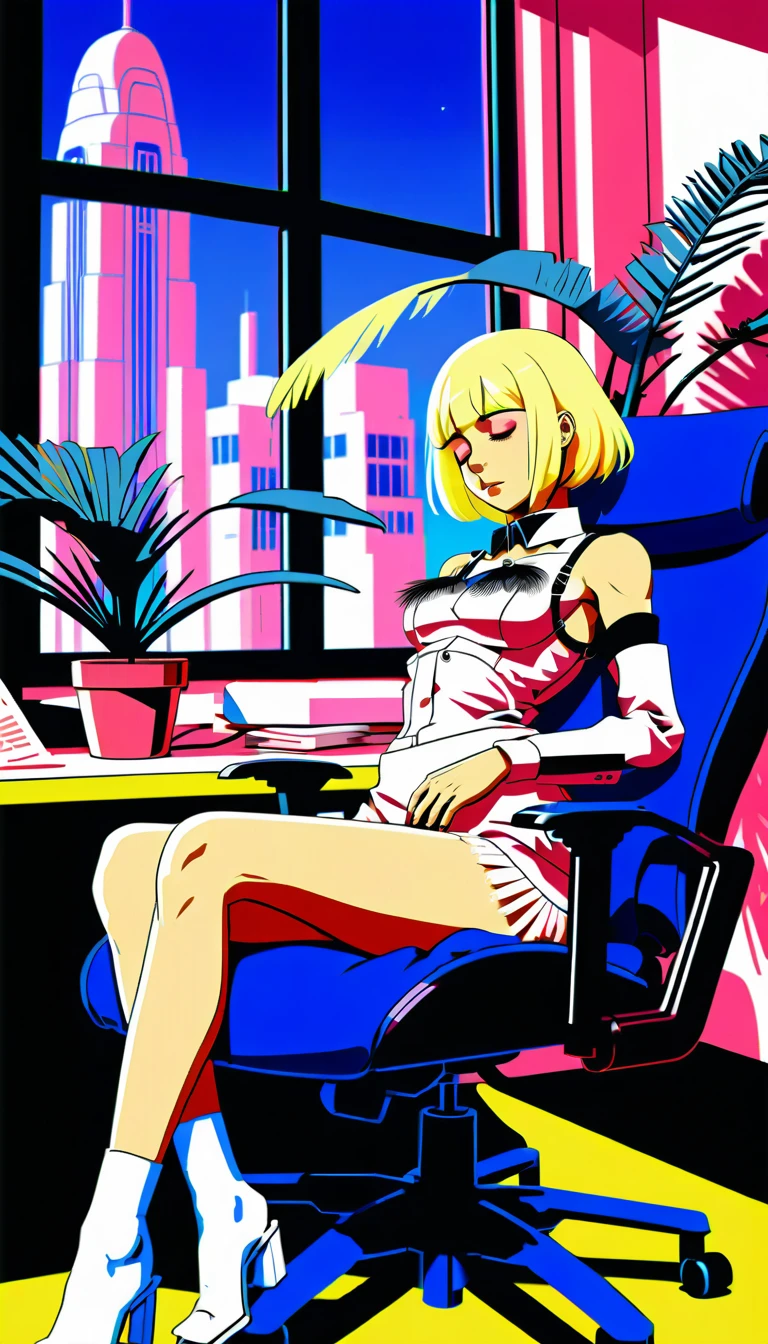 Fille d’anime qui dort sur une chaise de bureau à côté d’un palmier en pot