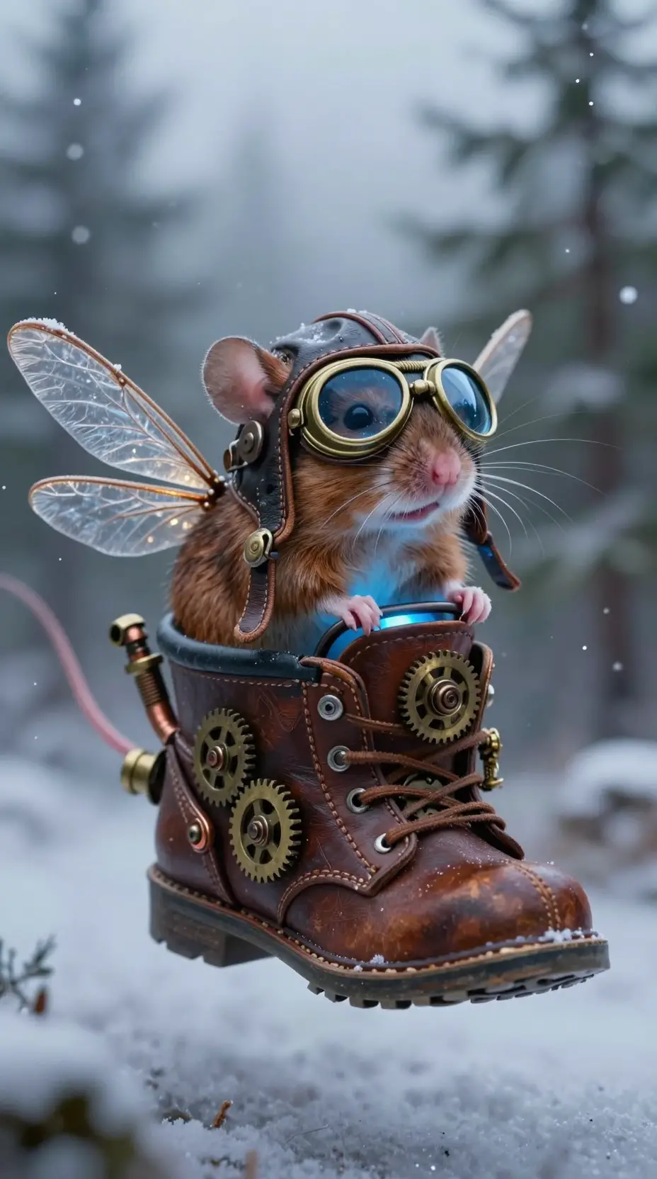 Adventurous Mouse Piloting A Flying Leather Boot Through Pines