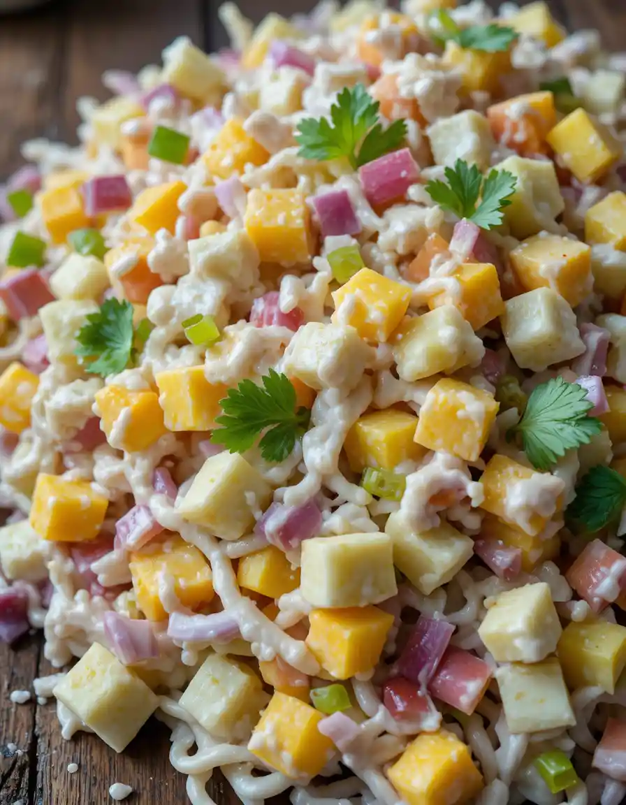 Nahaufnahme von cremigem Kraut- und Obstsalat auf Holz