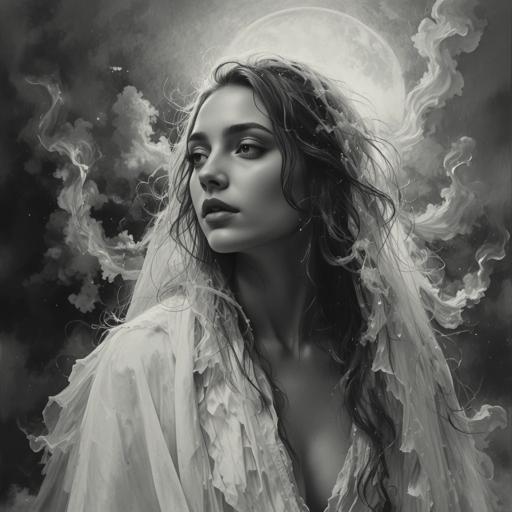 Unearthly close up face in flowing white robes