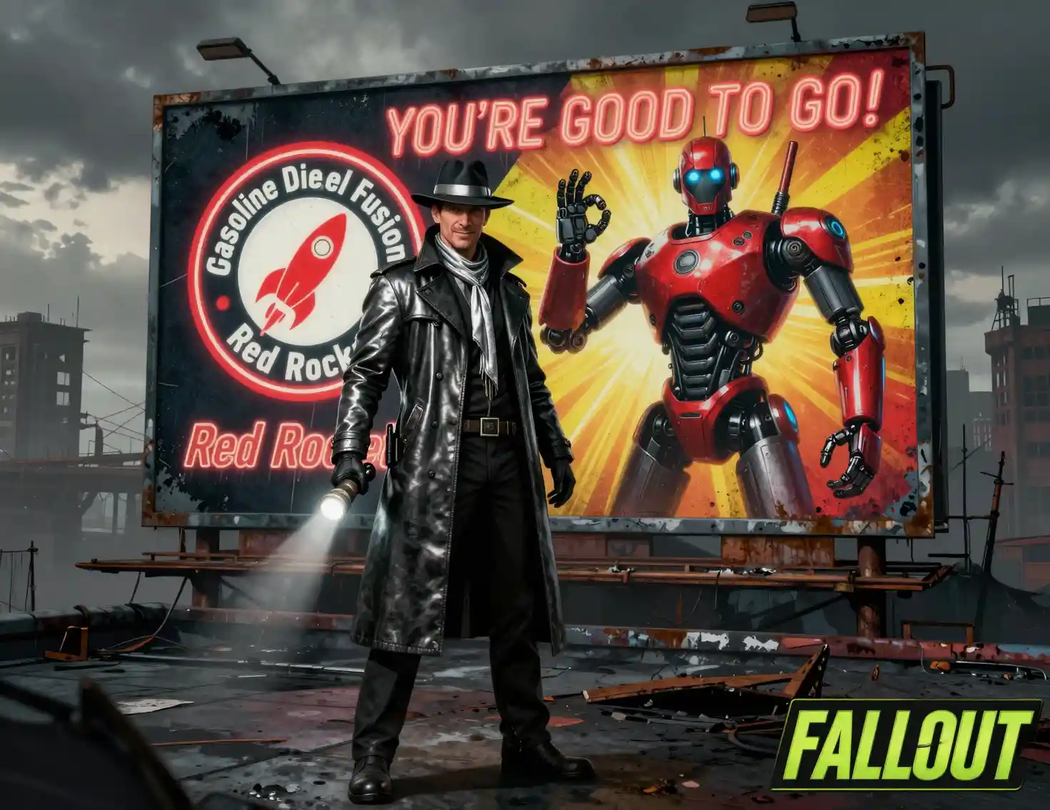 Sci fi detective on rooftop beside glowing robot billboard