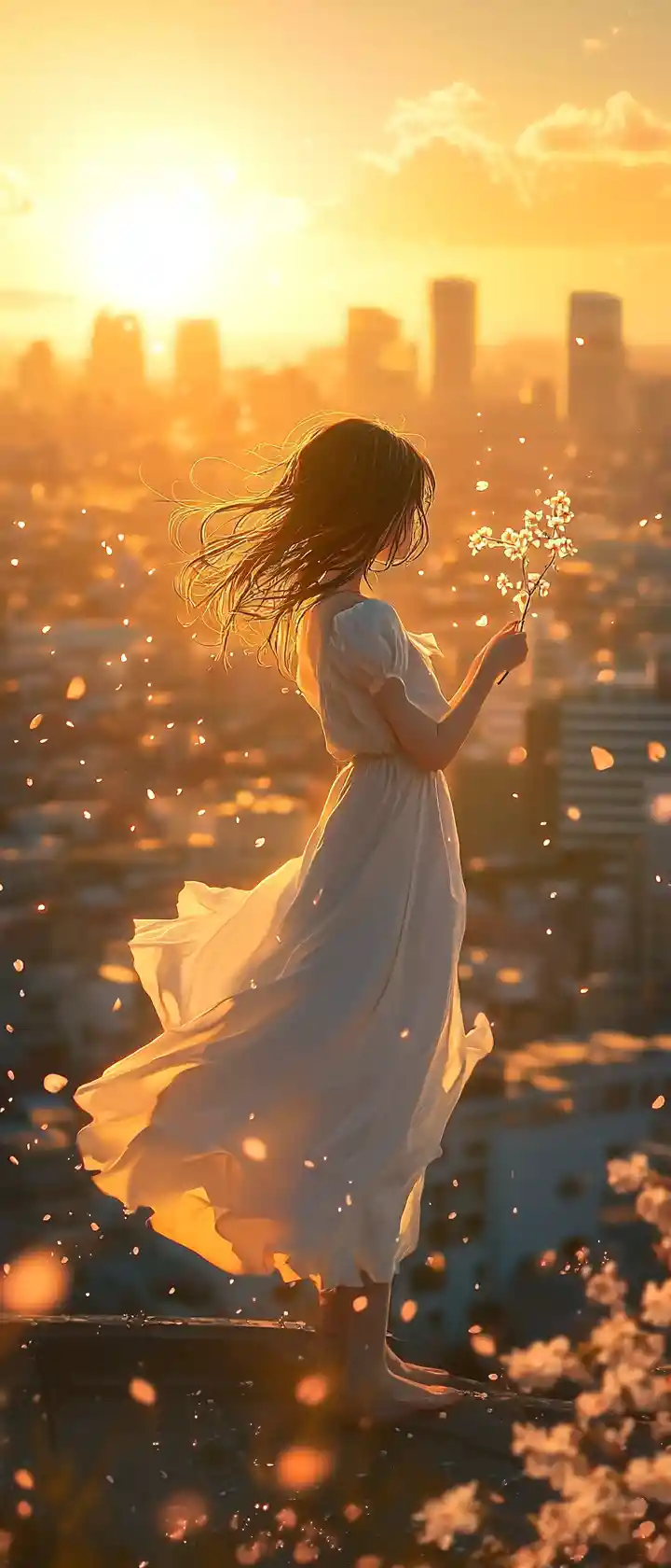 Garota chorando no terraço ao pôr do sol acima das luzes desfocadas da cidade