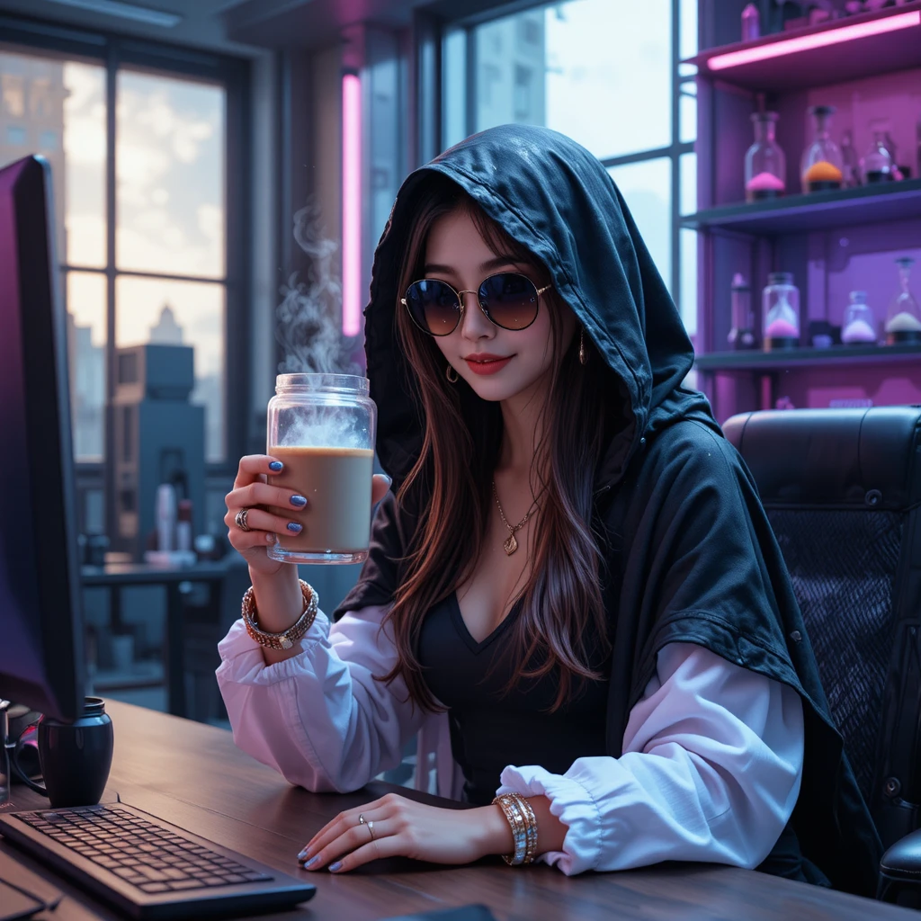 Young Asian woman with coffee in a futuristic neon office